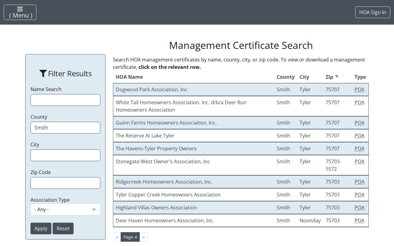 Smith County neighbors association search in the Texas HOA directory